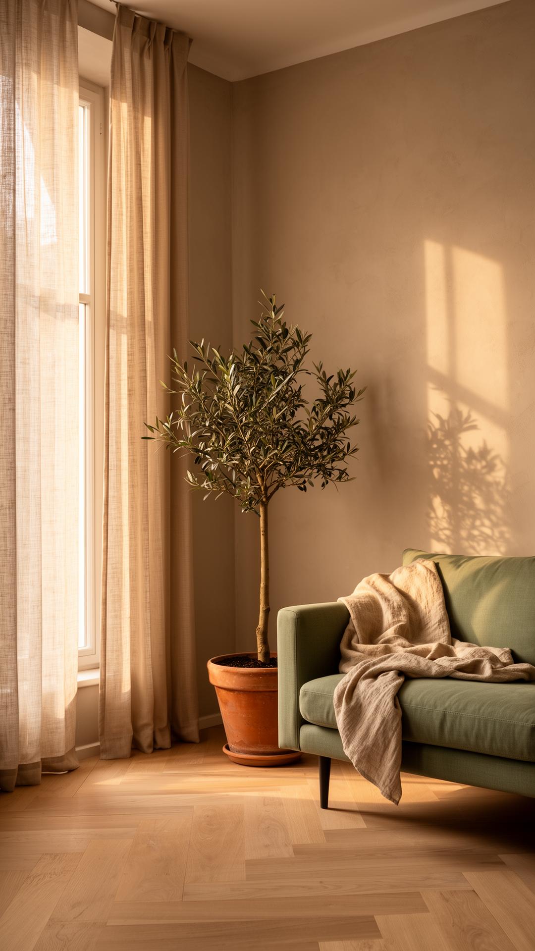 Ruhige Wohnzimmerecke mit Eichenparkett, Olivenbaum und Leinen-Vorhang im warmen Tageslicht